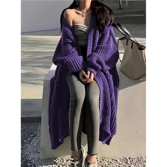 Womens Long Cardigan Sweaters Open Front Oversized Purple - Picture 5 of 5